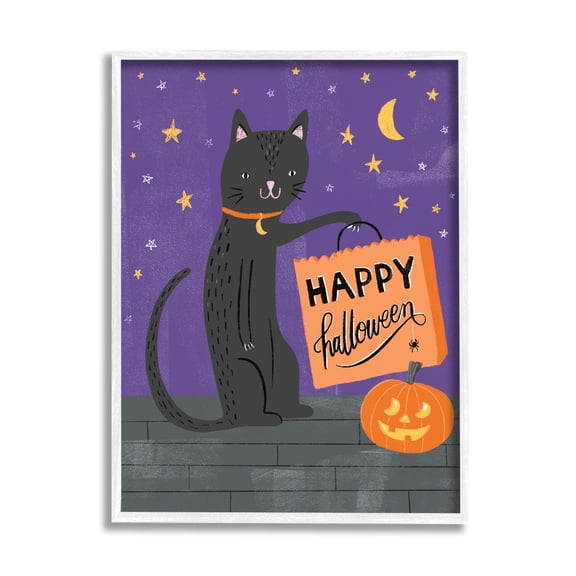 Stupell Industries Happy Halloween Black Cat Graphic Art White Framed Art Print Wall Art, Design by Amanda McGee