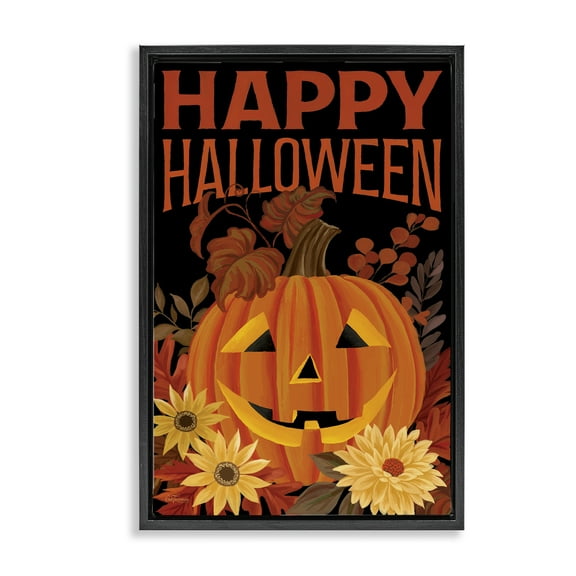 Stupell Industries Happy Halloween Floral Pumpkin Quotes and Sayings Painting Black Floater Framed Canvas Art Print Wall Art, 21 x 31