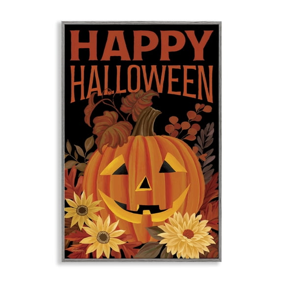 Stupell Industries Happy Halloween Floral Pumpkin Quotes and Sayings Painting Gray Framed Art Print Wall Art, 20 x 30