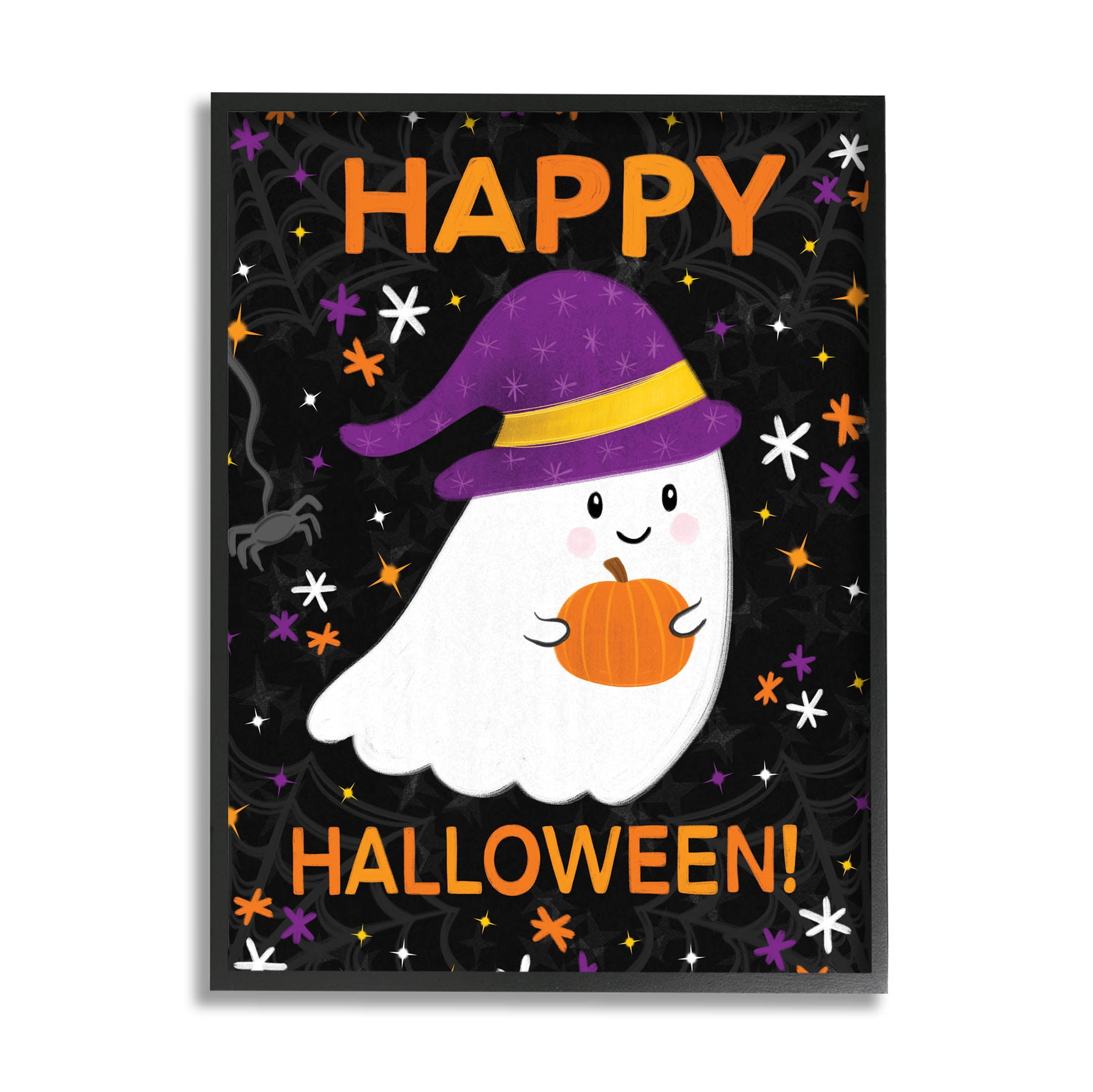 Stupell Industries Happy Halloween Happy Ghost Graphic Art Black Framed Art Print Wall Art, Design by Emily Cromwell