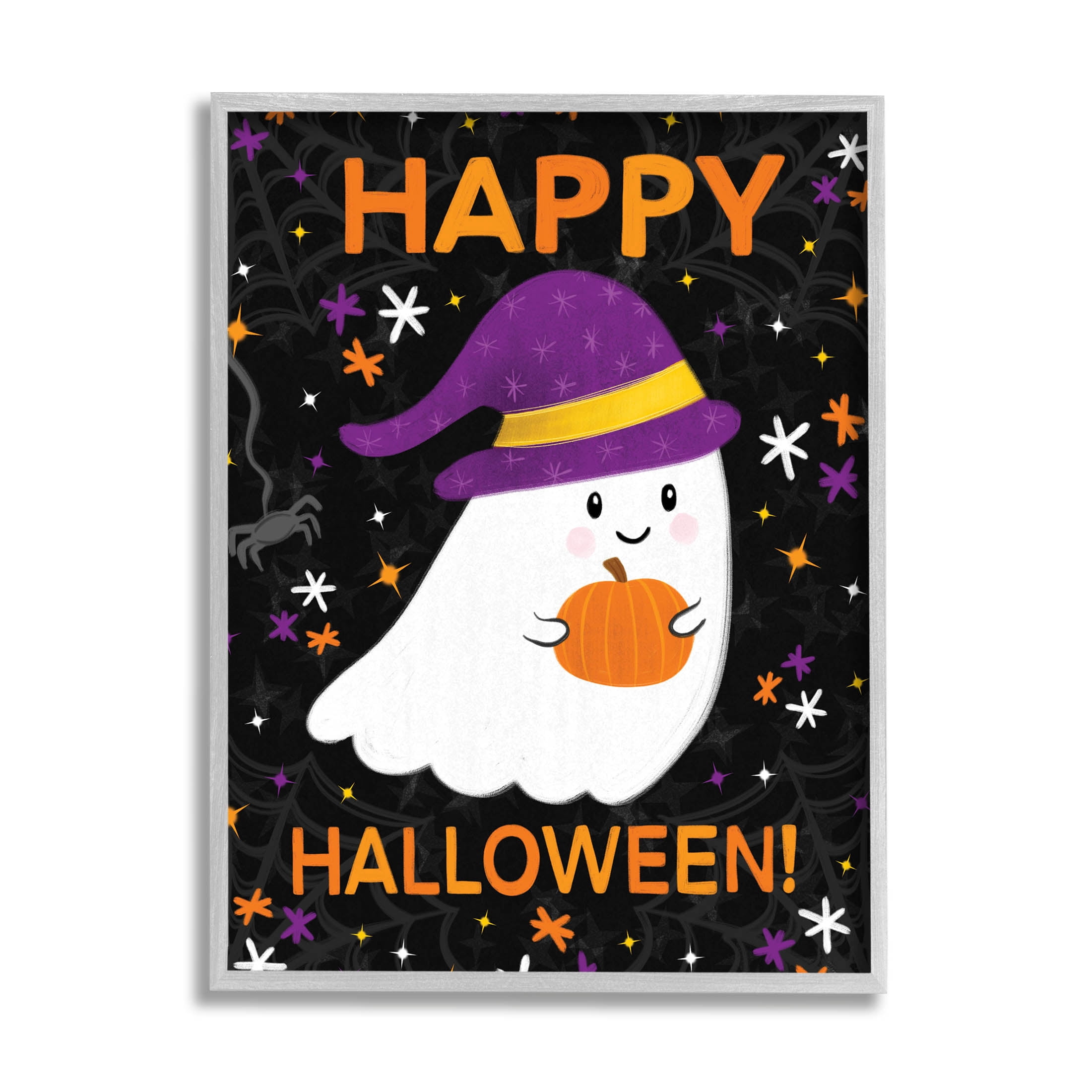 Stupell Industries Happy Halloween Happy Ghost Graphic Art Gray Framed Art Print Wall Art, Design by Emily Cromwell