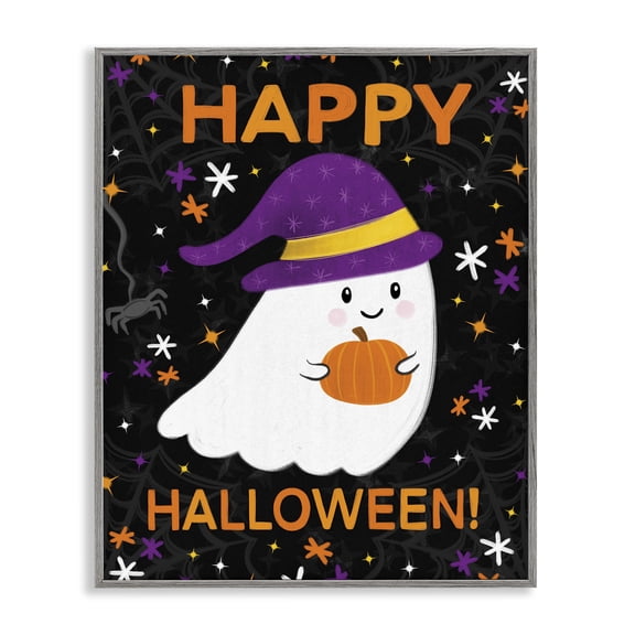 Stupell Industries Bohemian Happy Halloween Happy Ghost Gray Framed Giclee Art, 24 x 30, by Emily Cromwell