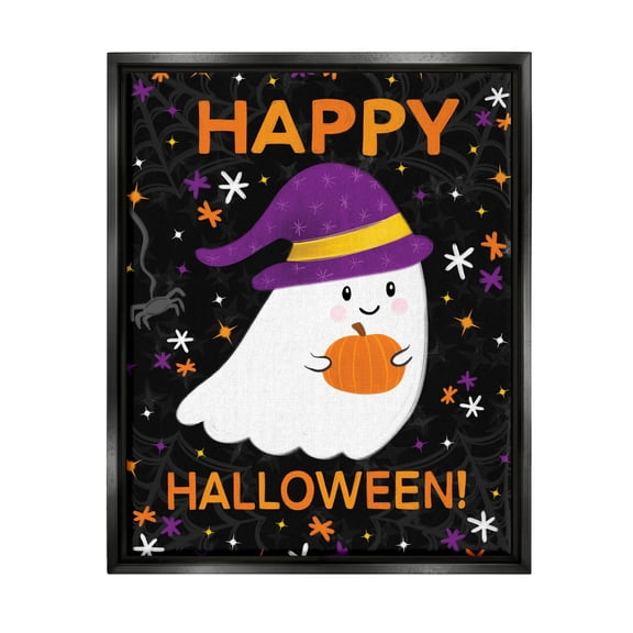 Stupell Industries Happy Halloween Happy Ghost Graphic Art Jet Black Floating Framed Canvas Print Wall Art, Design by Emily Cromwell