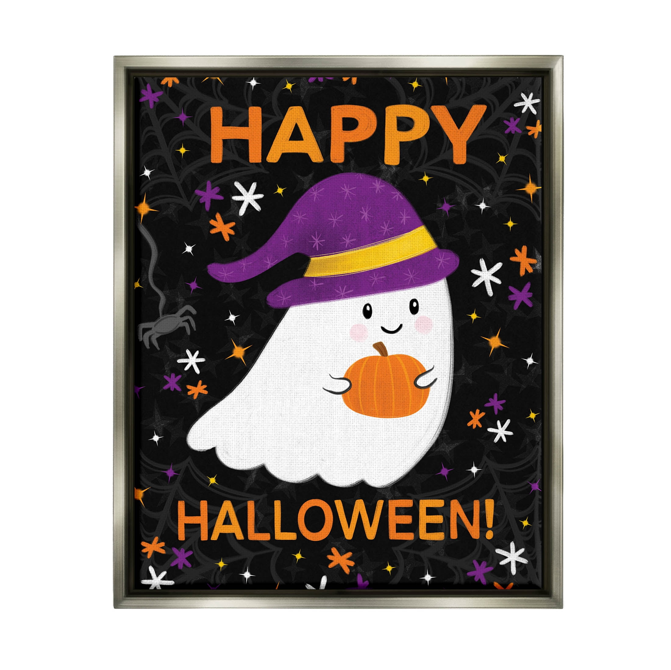 Stupell Industries Happy Halloween Happy Ghost Graphic Art Luster Gray Floating Framed Canvas Print Wall Art, Design by Emily Cromwell