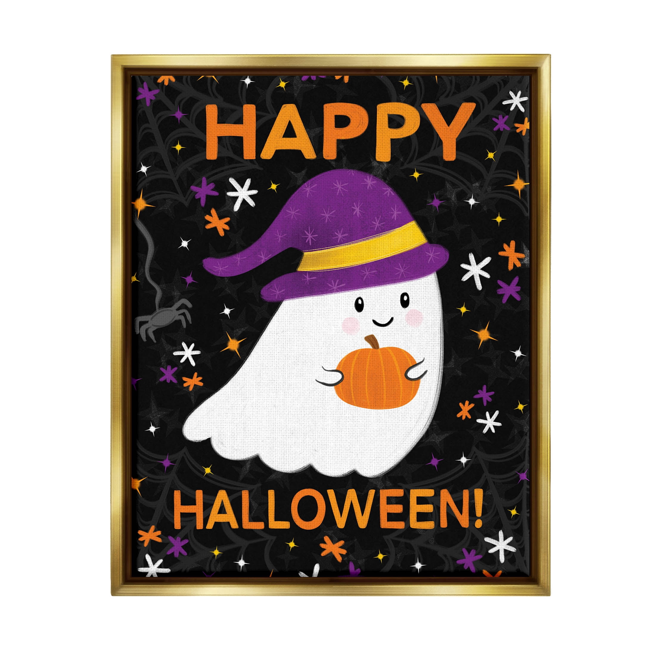Stupell Industries Happy Halloween Happy Ghost Graphic Art Metallic Gold Floating Framed Canvas Print Wall Art, Design by Emily Cromwell