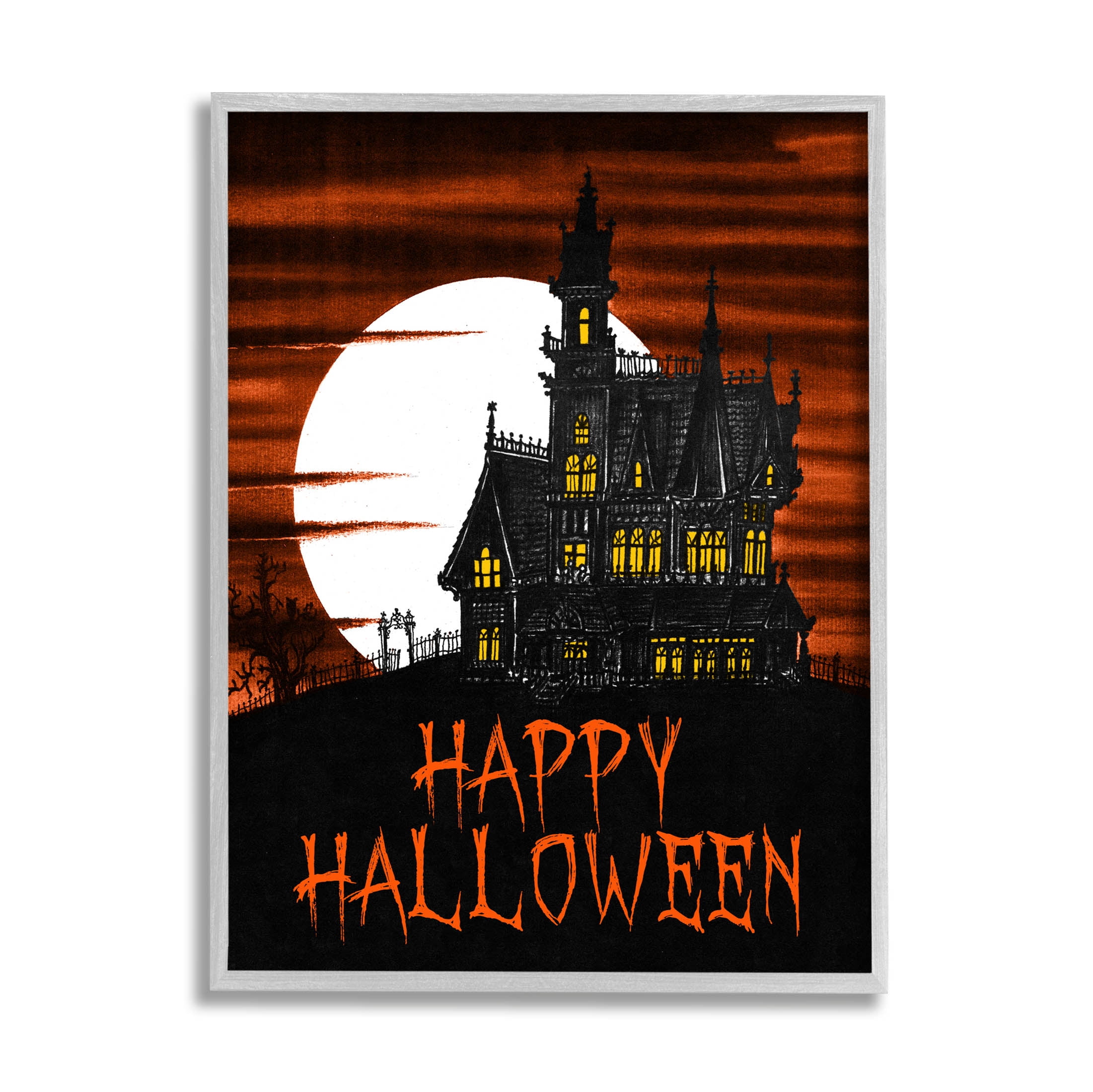 Stupell Industries Happy Halloween Haunted House Graphic Art Gray Framed Art Print Wall Art, Design by The Saturday Evening Post