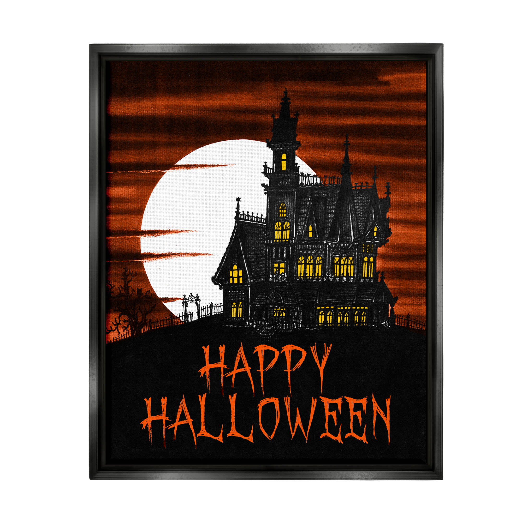 Stupell Industries Happy Halloween Haunted House Graphic Art Jet Black Floating Framed Canvas Print Wall Art, Design by The Saturday Evening Post