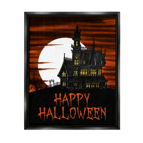 Stupell Industries Happy Halloween Haunted House Graphic Art Jet Black Floating Framed Canvas Print Wall Art, Design by The Saturday Evening Post