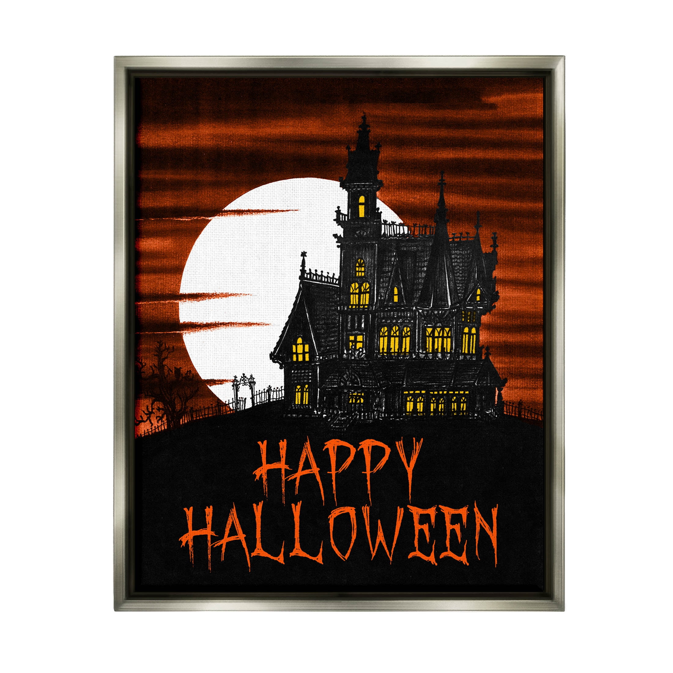 Stupell Industries Happy Halloween Haunted House Graphic Art Luster Gray Floating Framed Canvas Print Wall Art, Design by The Saturday Evening Post