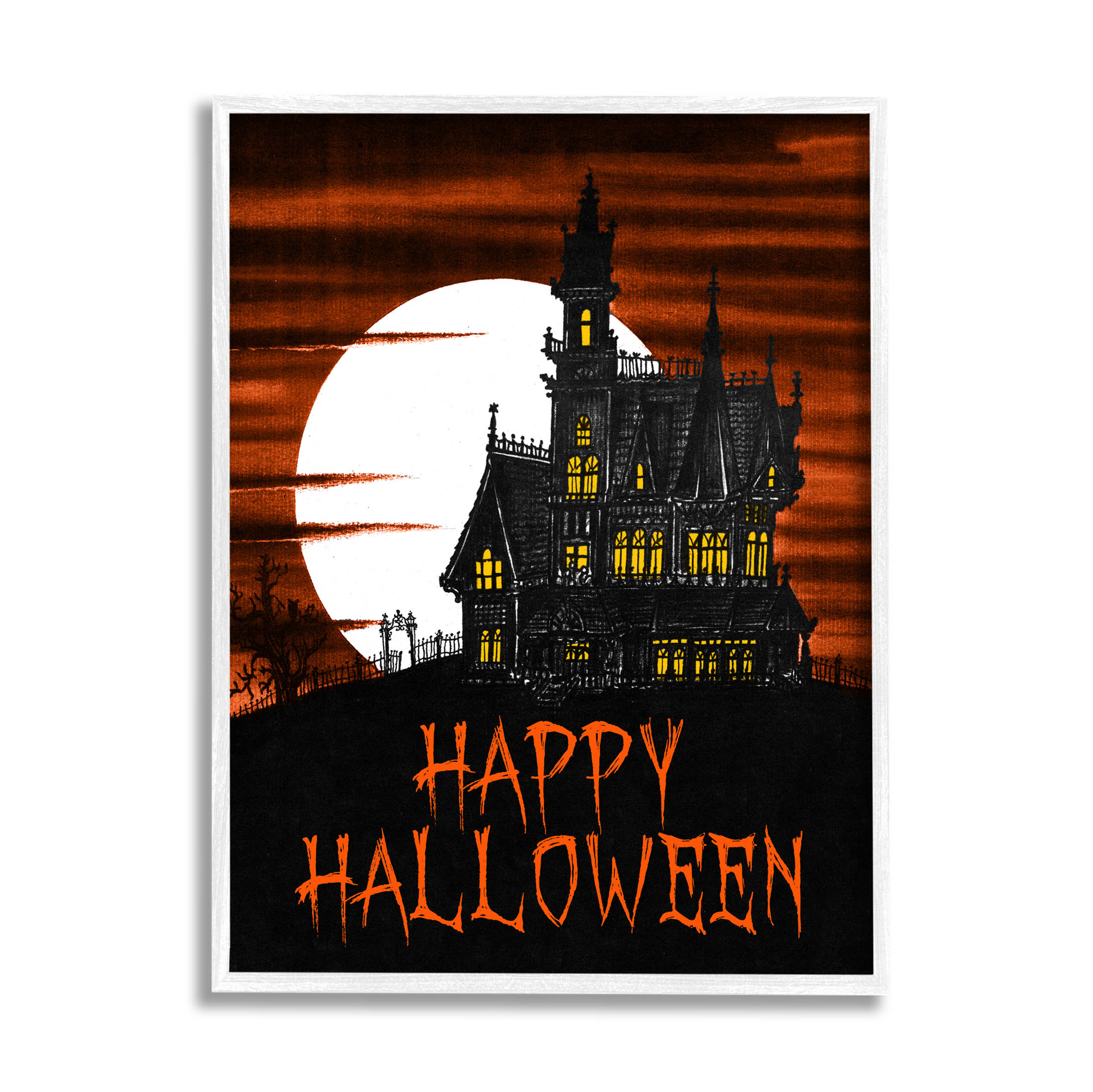 Stupell Industries Happy Halloween Haunted House Graphic Art White Framed Art Print Wall Art, Design by The Saturday Evening Post