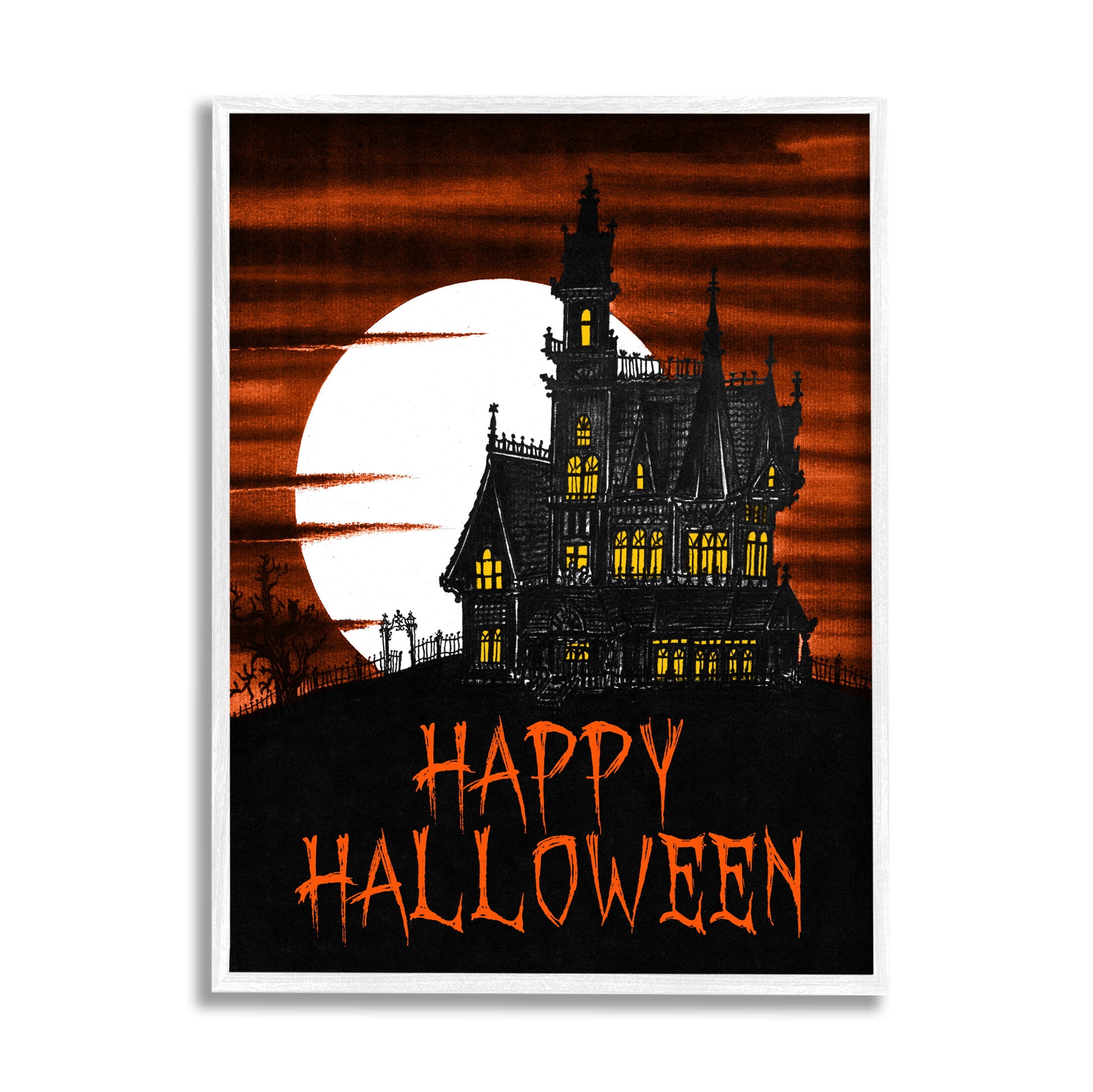 Stupell Industries Happy Halloween Haunted House Graphic Art White Framed Art Print Wall Art, Design by The Saturday Evening Post