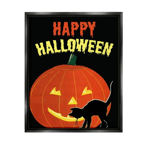 Stupell Industries Happy Halloween Haunted Jack-o-Lantern Graphic Art Jet Black Floating Framed Canvas Print Wall Art, Design by The Saturday Evening Post