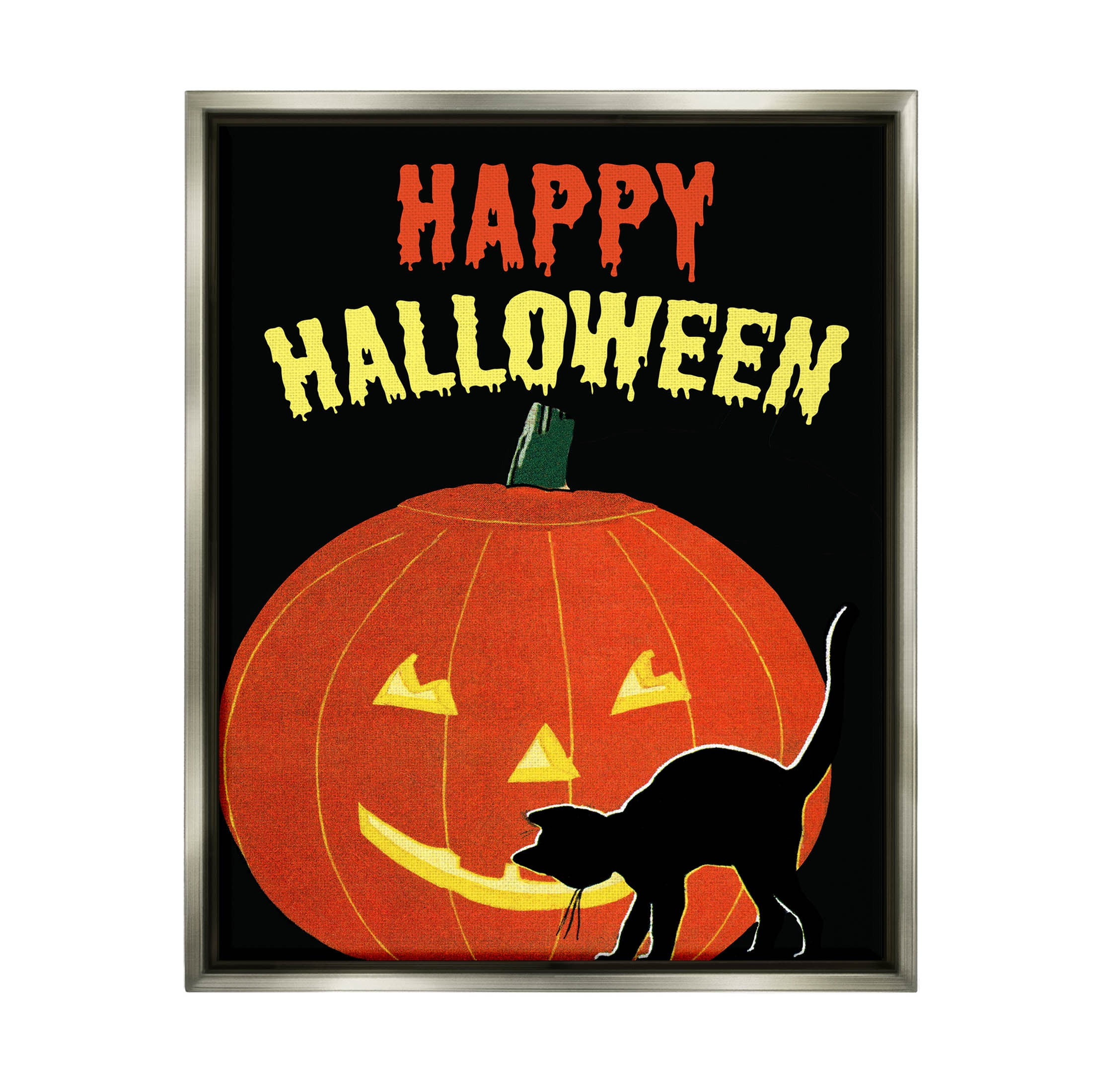 Stupell Industries Happy Halloween Haunted Jack-o-Lantern Graphic Art Luster Gray Floating Framed Canvas Print Wall Art, Design by The Saturday Evening Post