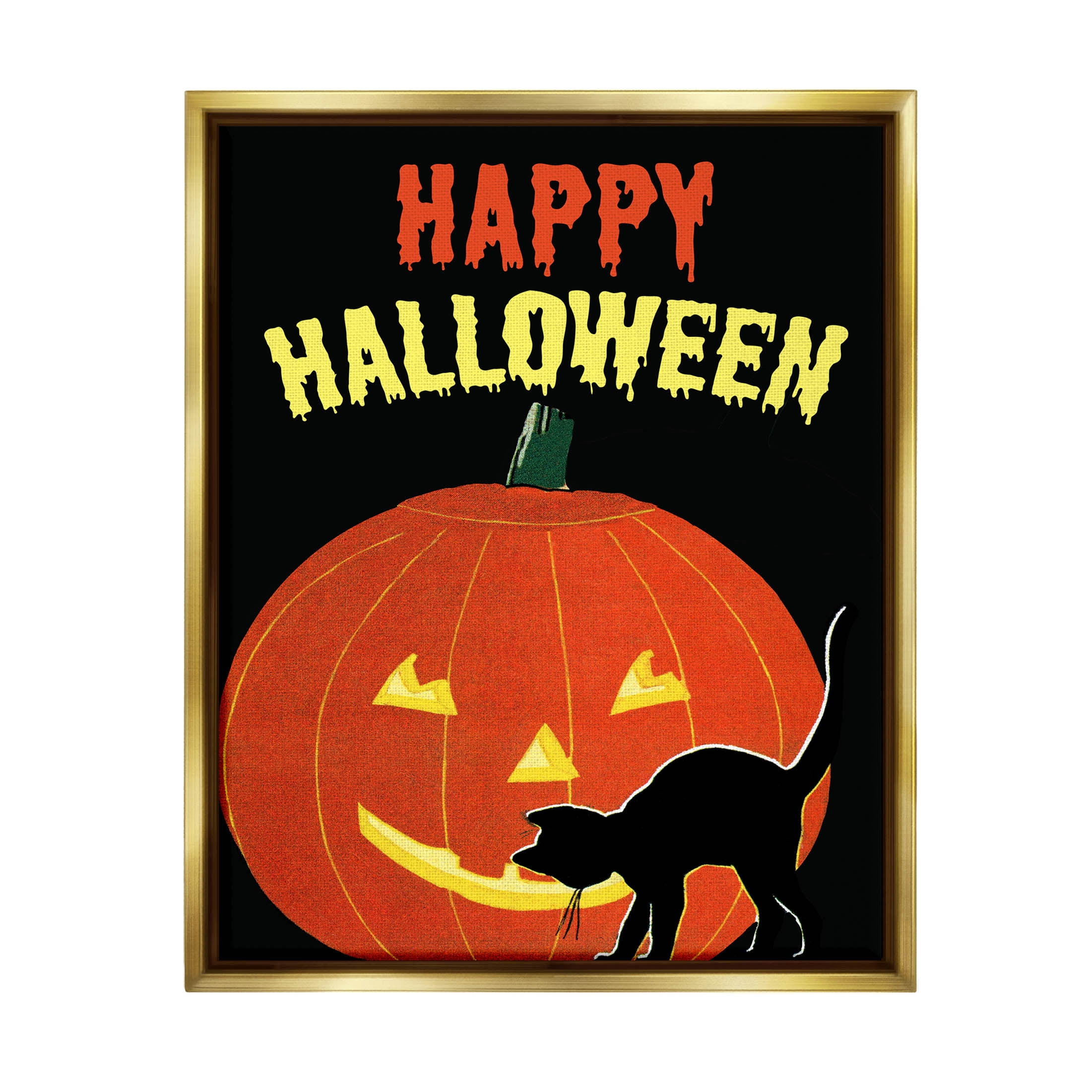 Stupell Industries Happy Halloween Haunted Jack-o-Lantern Graphic Art Metallic Gold Floating Framed Canvas Print Wall Art, Design by The Saturday Evening Post