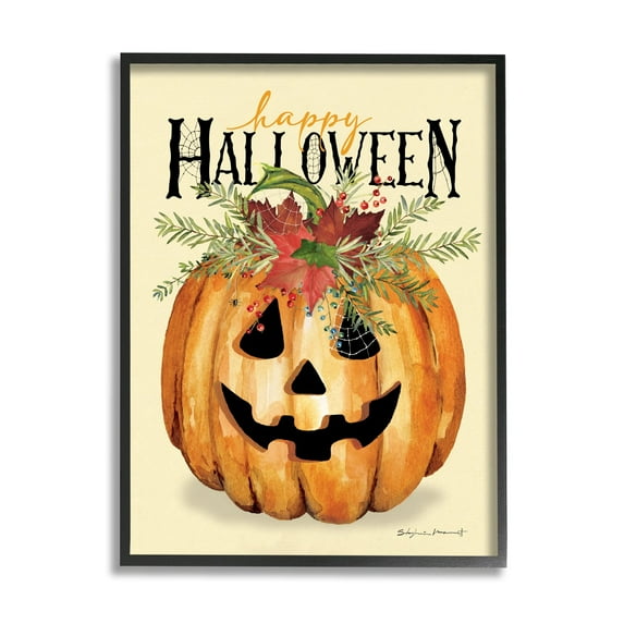 Stupell Industries Happy Halloween Jack-o-Lantern Holiday Painting Black Framed Art Print Wall Art