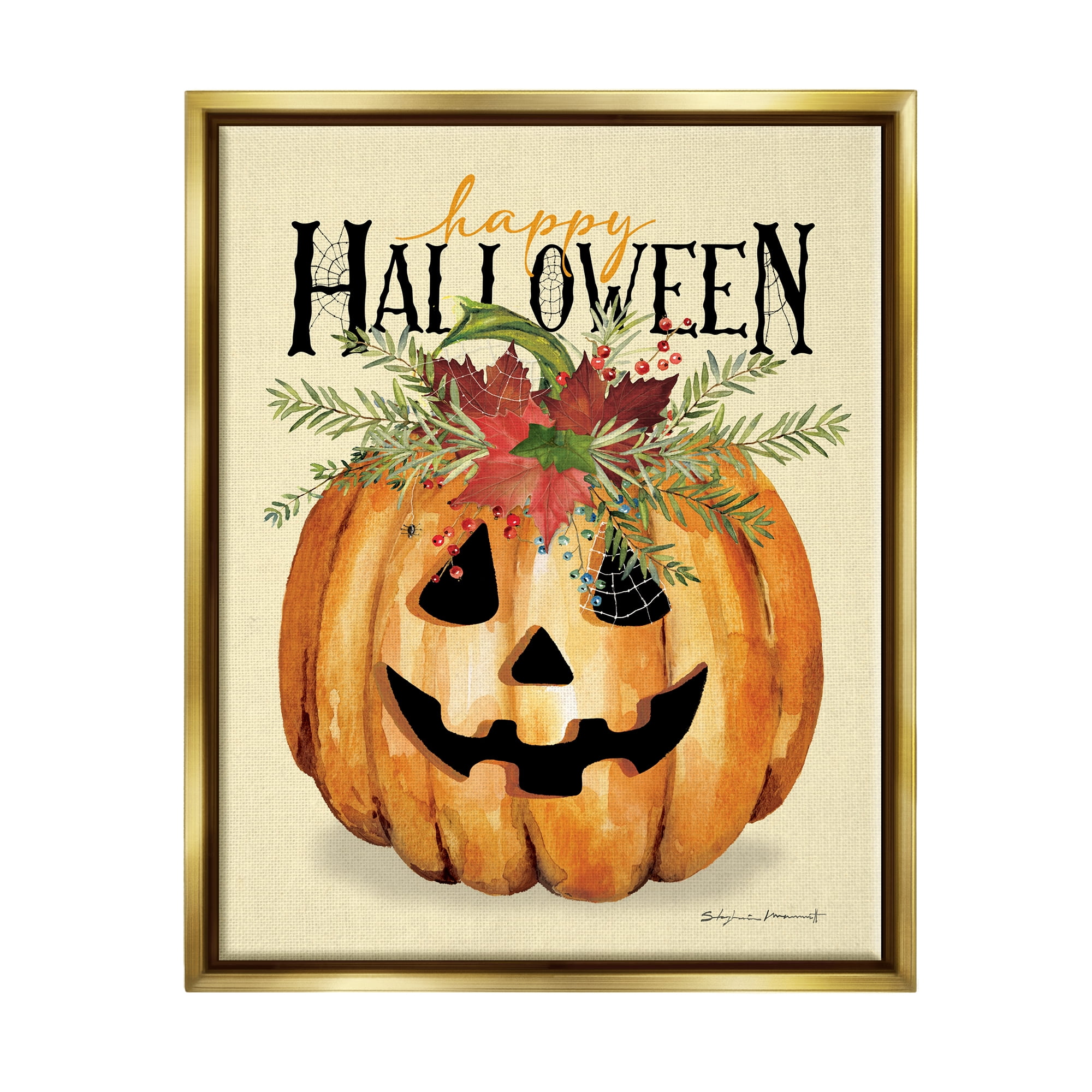 Stupell Industries Happy Halloween Jack-o-Lantern Holiday Painting Gold Floater Framed Art Print Wall Art