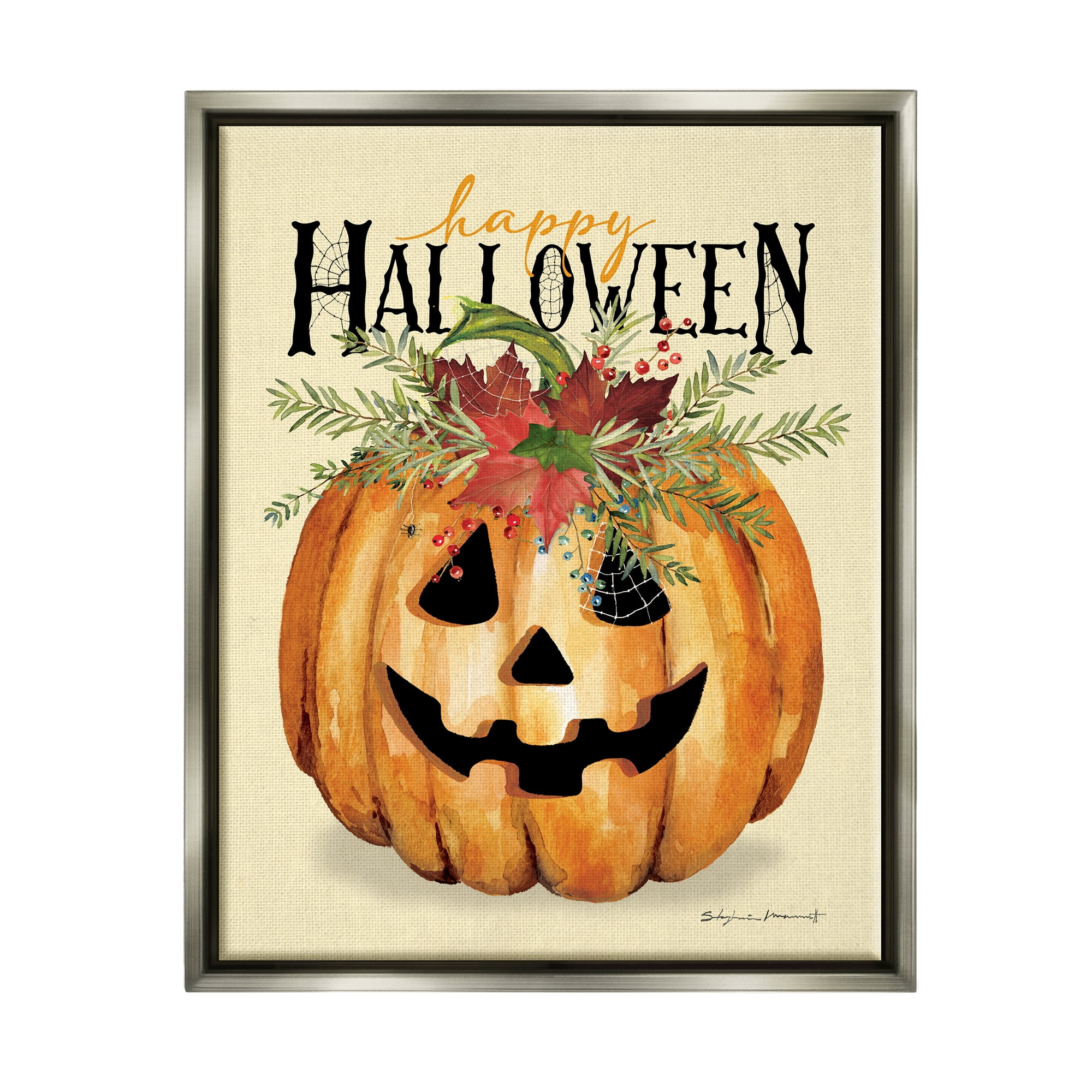 Stupell Industries Happy Halloween Jack-o-Lantern Holiday Painting Gray Floater Framed Art Print Wall Art