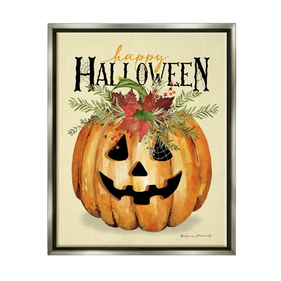 Stupell Industries Happy Halloween Jack-o-Lantern Holiday Painting Gray Floater Framed Art Print Wall Art