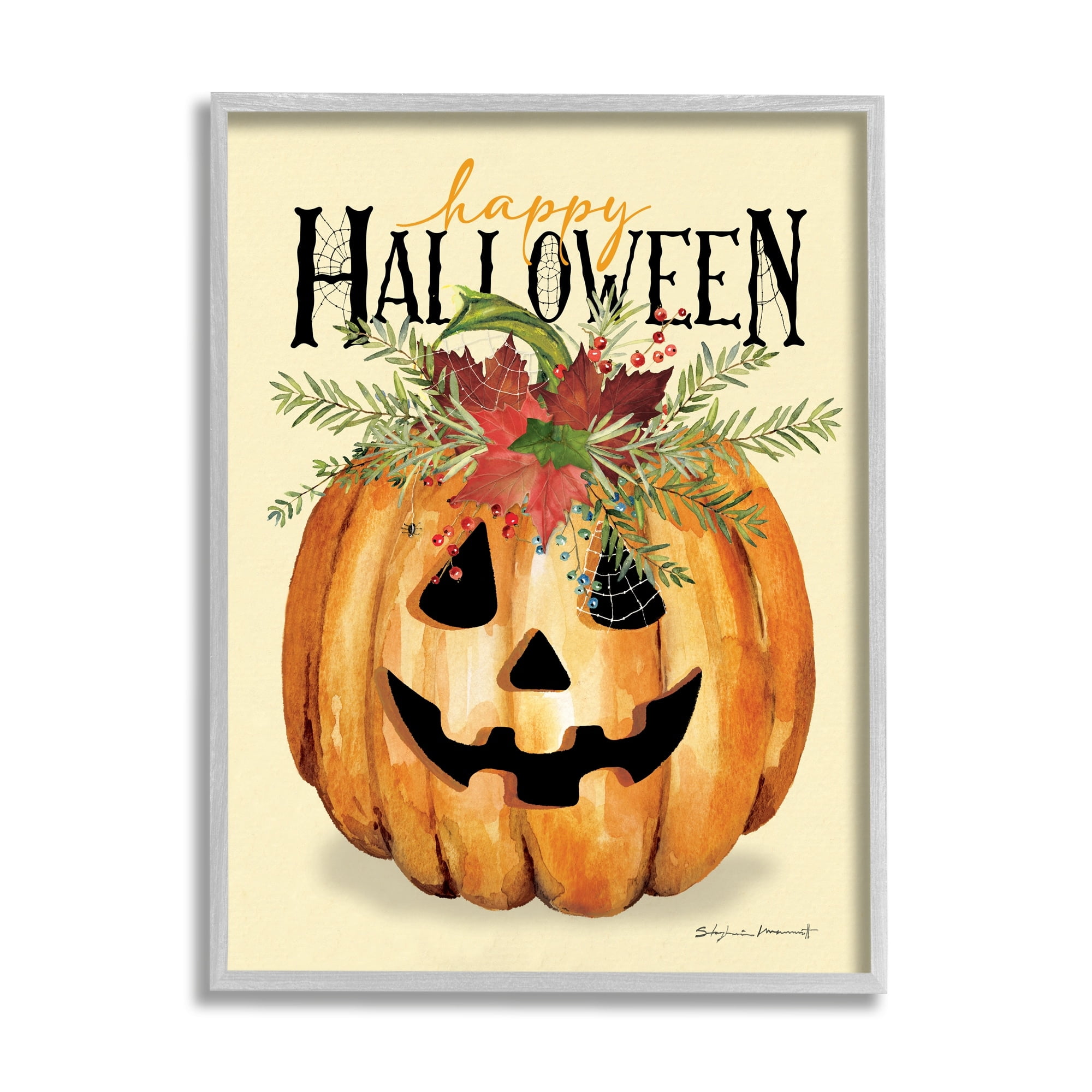 Stupell Industries Happy Halloween Jack-o-Lantern Holiday Painting Gray Framed Art Print Wall Art