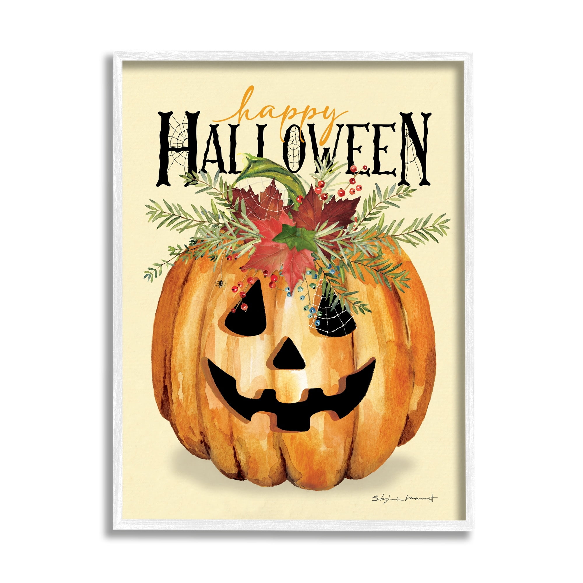 Stupell Industries Happy Halloween Jack-o-Lantern Holiday Painting White Framed Art Print Wall Art