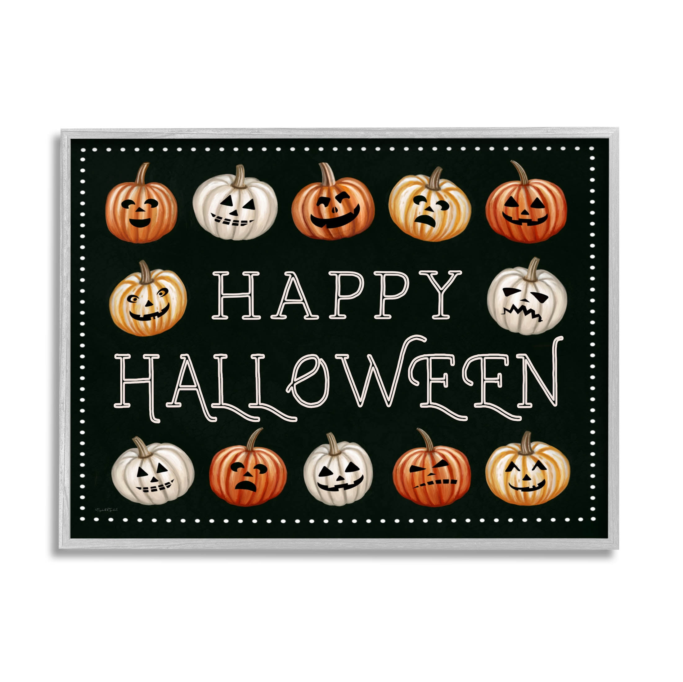 Stupell Industries Happy Halloween Jack-o-Lanterns Graphic Art Gray Framed Art Print Wall Art, Design by Elizabeth Tyndall