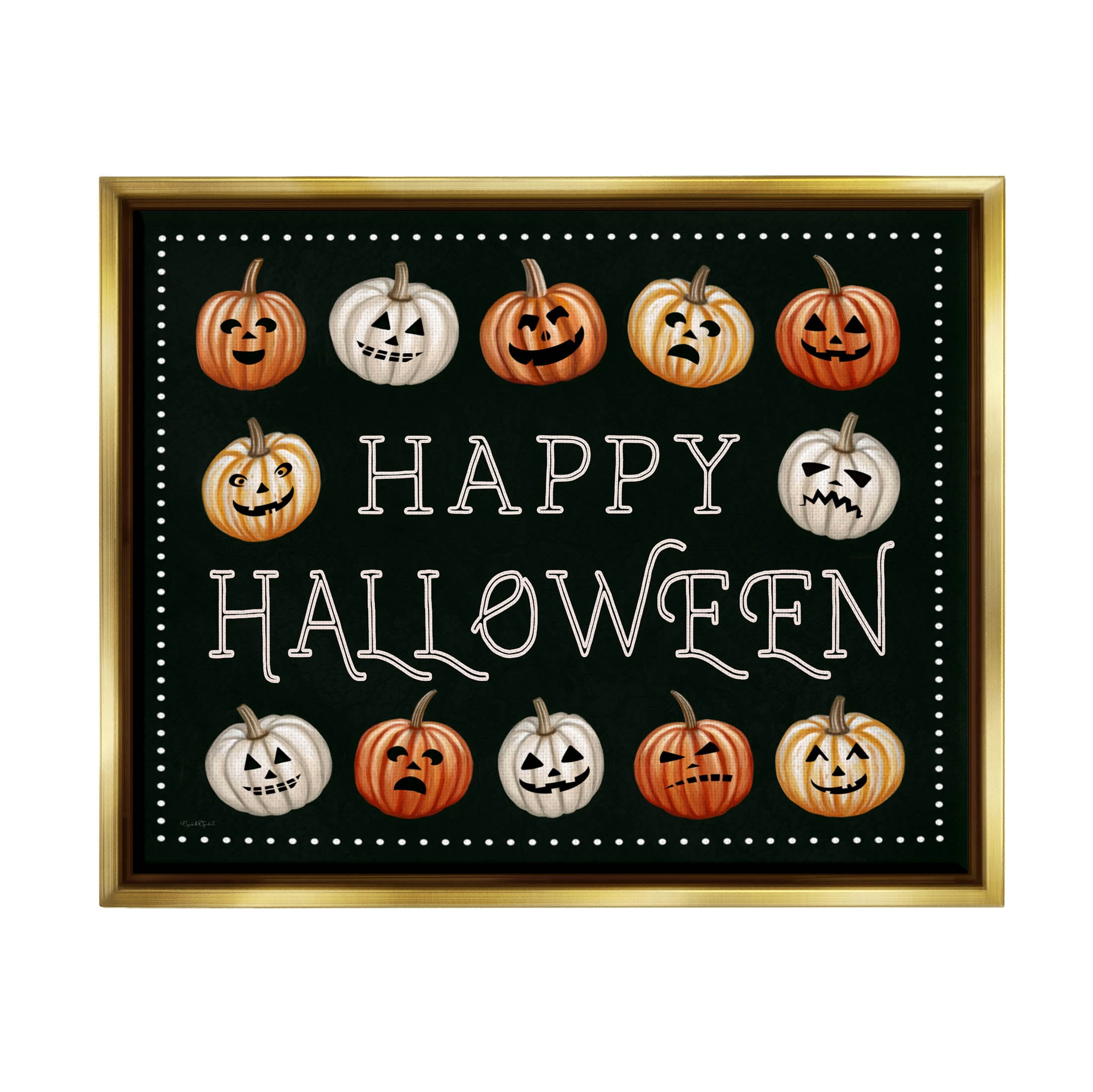 Stupell Industries Happy Halloween Jack-o-Lanterns Graphic Art Metallic Gold Floating Framed Canvas Print Wall Art, Design by Elizabeth Tyndall