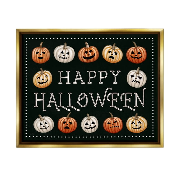 Stupell Industries Happy Halloween Jack-o-Lanterns Graphic Art Metallic Gold Floating Framed Canvas Print Wall Art, Design by Elizabeth Tyndall