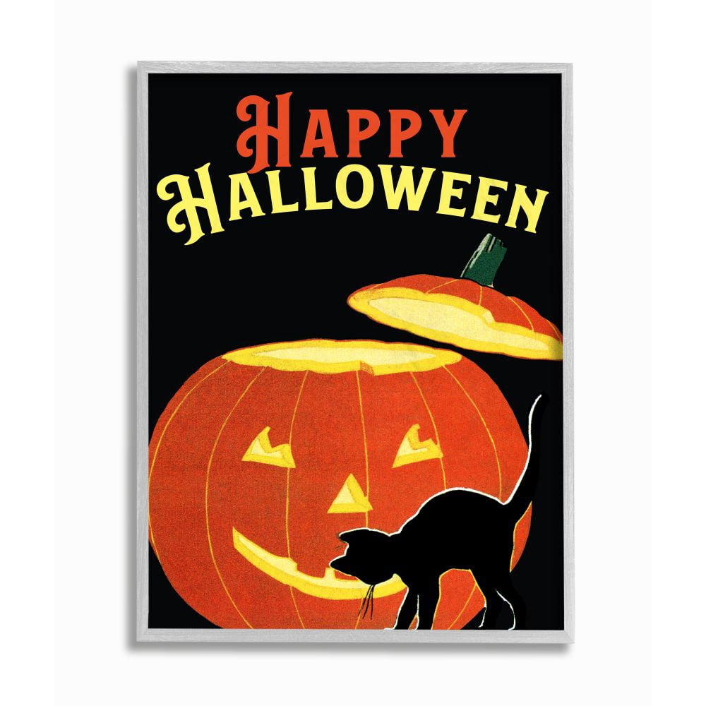 Stupell Industries Happy Halloween Pumpkin Cat Black Orange Word Design Graphic Art Gray Framed Art Print Wall Art, 16x20, by The Saturday Evening Post
