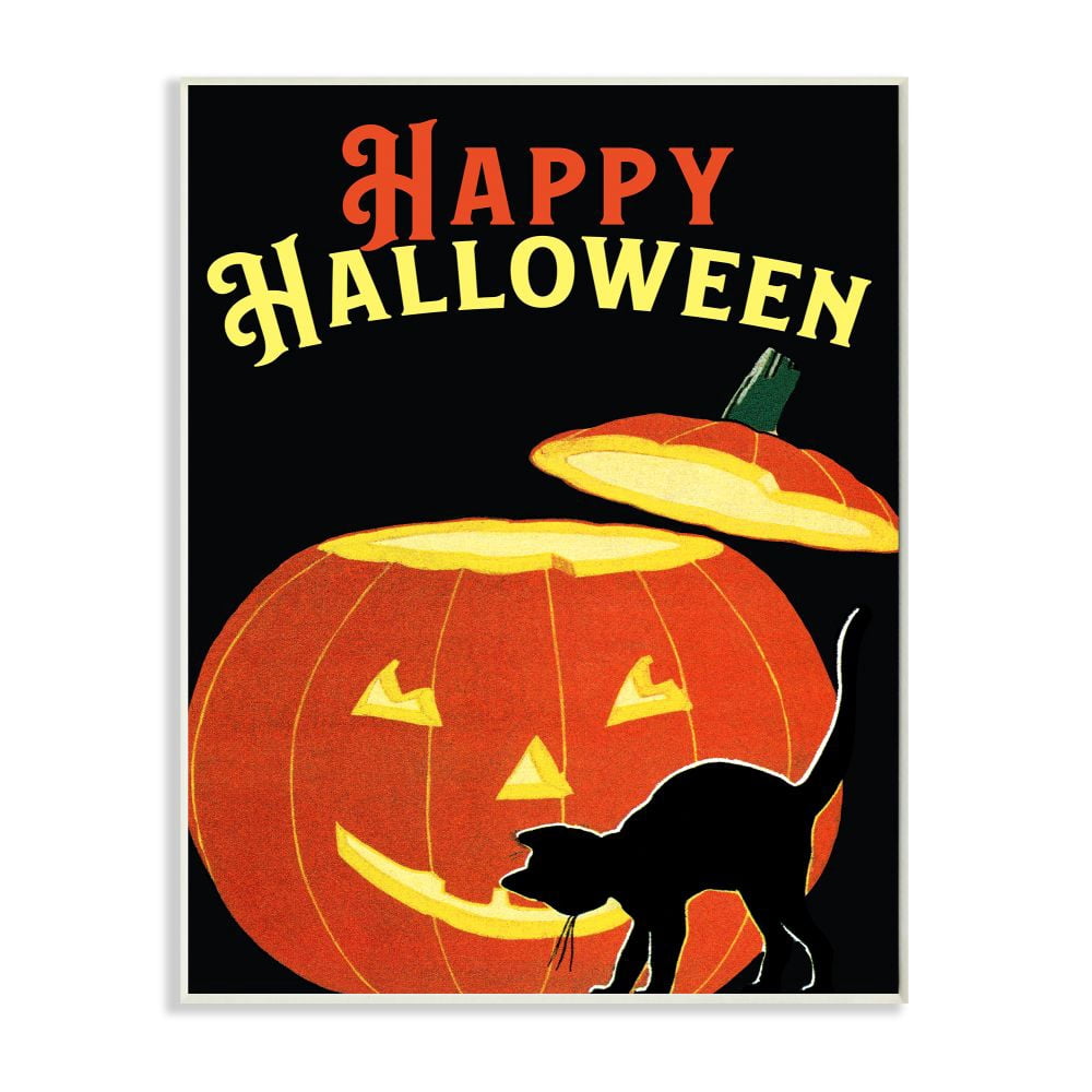 Stupell Industries Happy Halloween Pumpkin Cat Black Orange Word Design Wall Plaque by The Saturday Evening Post, 10" x 15", Wall Plaque