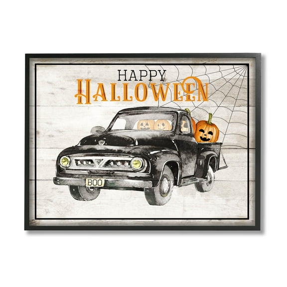 Stupell Industries Happy Halloween Pumpkin Truck Graphic Art Black Framed Art Print Wall Art, Design by Daniela Santiago