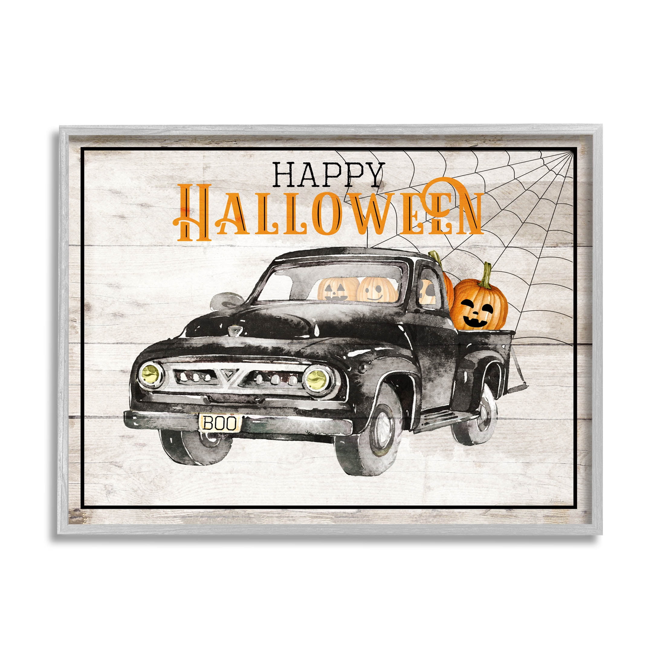 Stupell Industries Happy Halloween Pumpkin Truck Graphic Art Gray Framed Art Print Wall Art, Design by Daniela Santiago