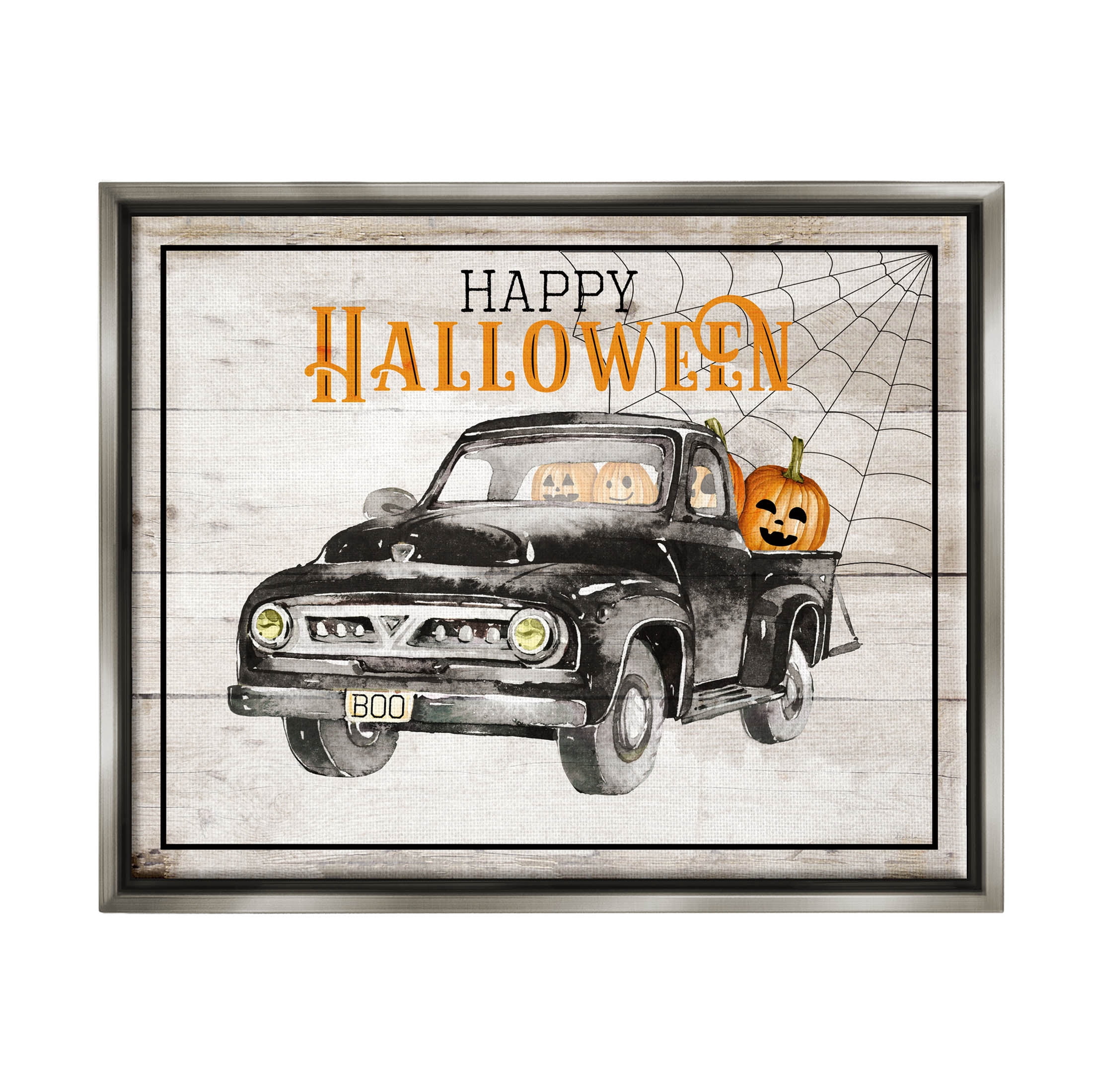 Stupell Industries Happy Halloween Pumpkin Truck Graphic Art Luster Gray Floating Framed Canvas Print Wall Art, Design by Daniela Santiago