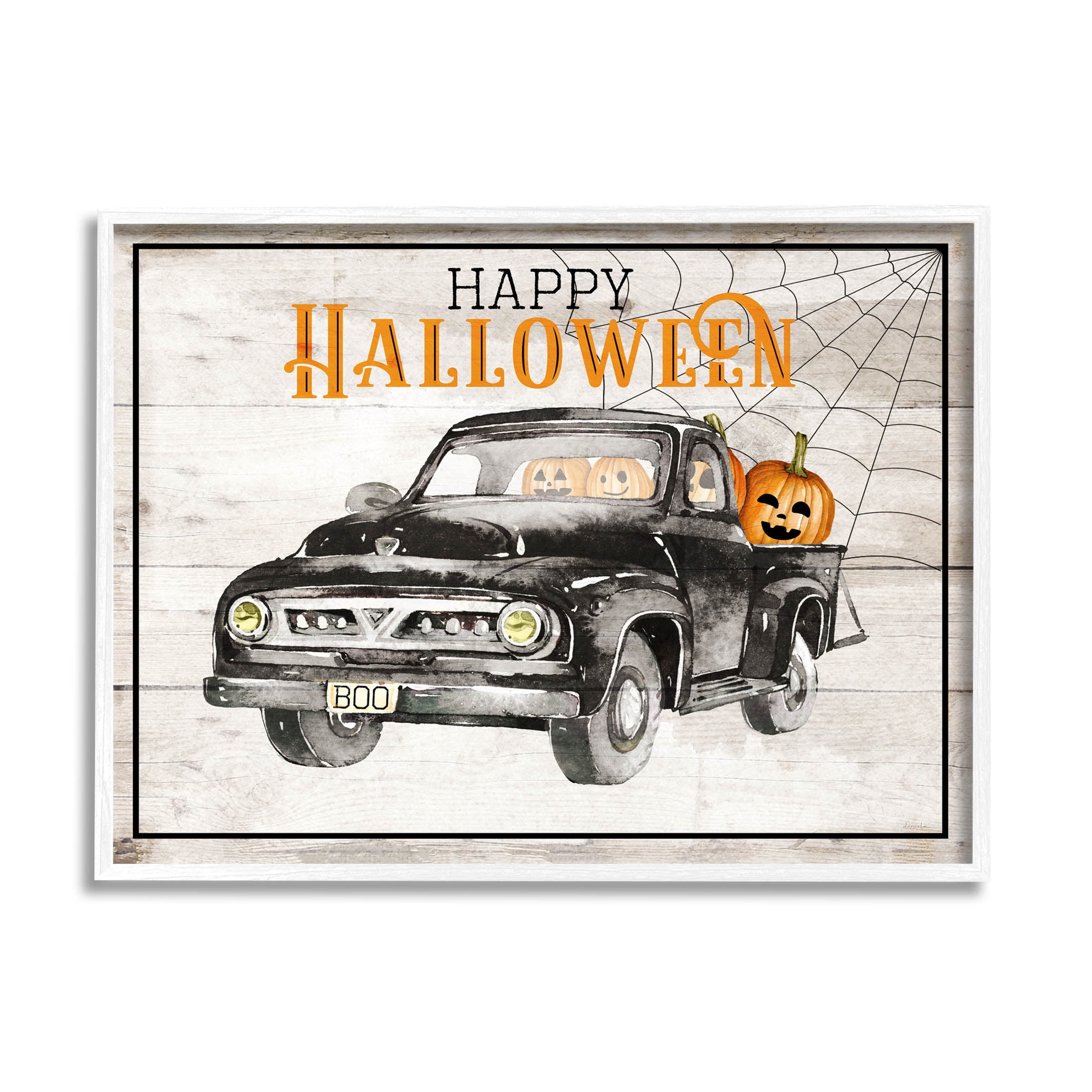 Stupell Industries Happy Halloween Pumpkin Truck Graphic Art White Framed Art Print Wall Art, Design by Daniela Santiago