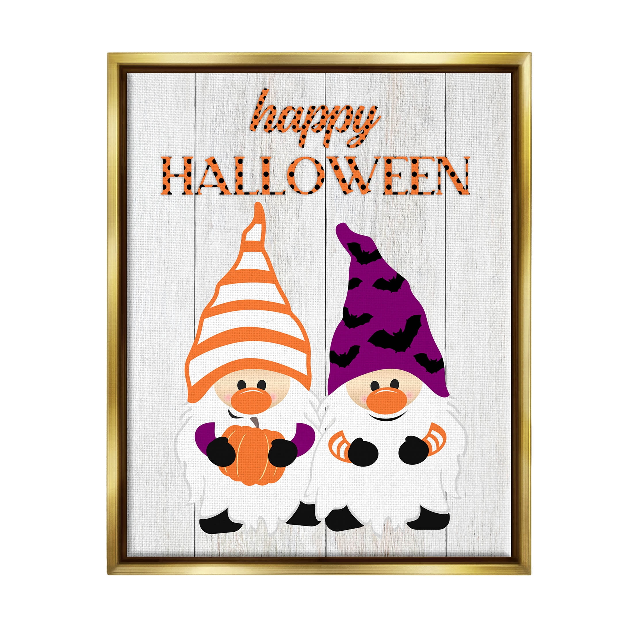 Stupell Industries Happy Halloween Seasonal Gnomes Graphic Art Metallic Gold Floating Framed Canvas Print Wall Art, Design by CAD Designs