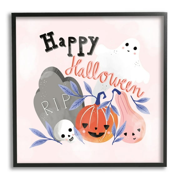 Stupell Industries Happy Halloween Typography Whimsical Haunted Faces Motifs Graphic Art Black Framed Art Print Wall Art, Design by Dominika Godette