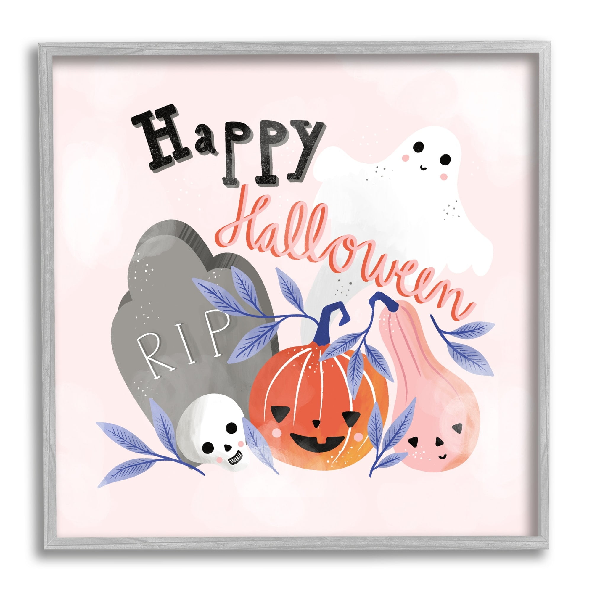 Stupell Industries Happy Halloween Typography Whimsical Haunted Faces Motifs Graphic Art Gray Framed Art Print Wall Art, Design by Dominika Godette