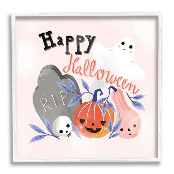 Stupell Industries Happy Halloween Typography Whimsical Haunted Faces Motifs Graphic Art White Framed Art Print Wall Art, Design by Dominika Godette