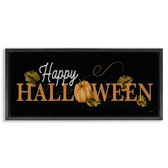 Stupell Industries Happy Halloween on Black Holiday Painting Black Floater Framed Art Print Wall Art, 31 x 14