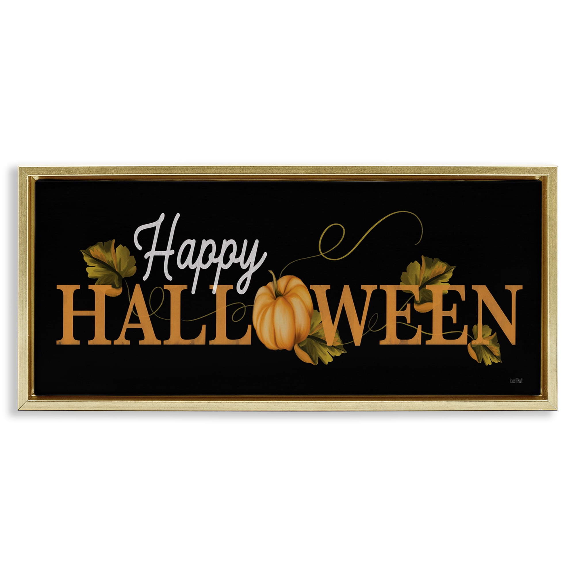 Stupell Industries Happy Halloween on Black Holiday Painting Gold Floater Framed Art Print Wall Art, 25 x 11