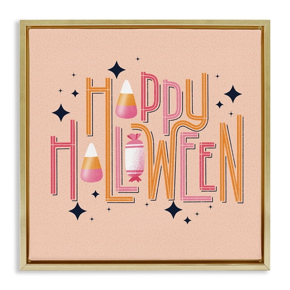 Stupell Industries Happy Halloween with Candy Quotes and Sayings Painting Gold Floater Framed Canvas Art Print Wall Art, 18 x 18