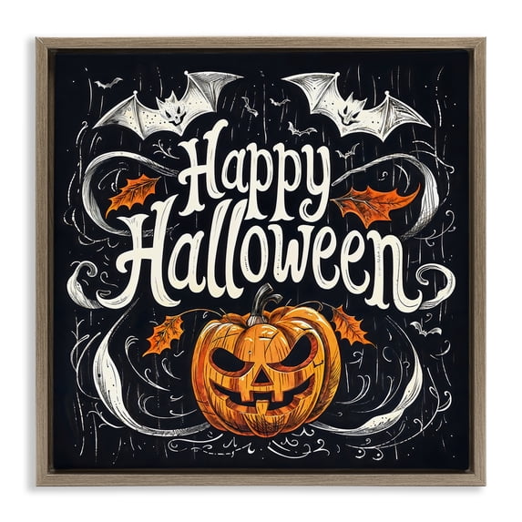 Stupell Industries Rustic Lodge Happy Halloween with Ornate Details Brown Floating Frame Canvas Art, 25 x 25, by Creative Studio