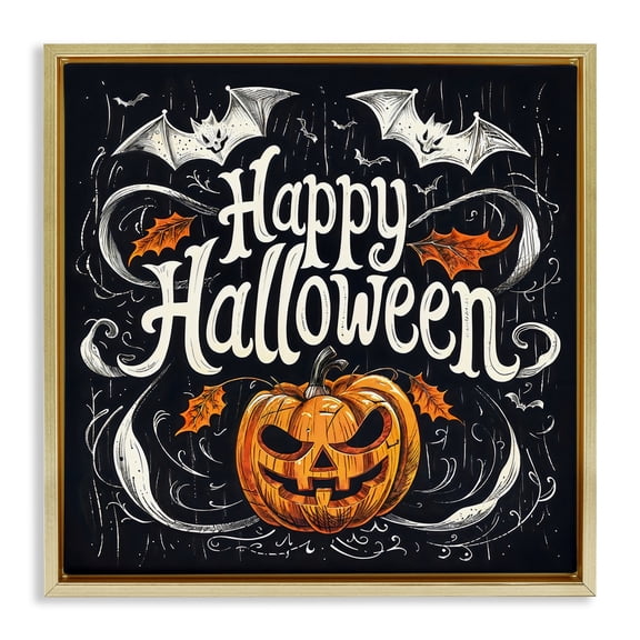Happy Halloween with Ornate Details Gold Floating Frame Canvas Art, 25 x 25, Made In USA