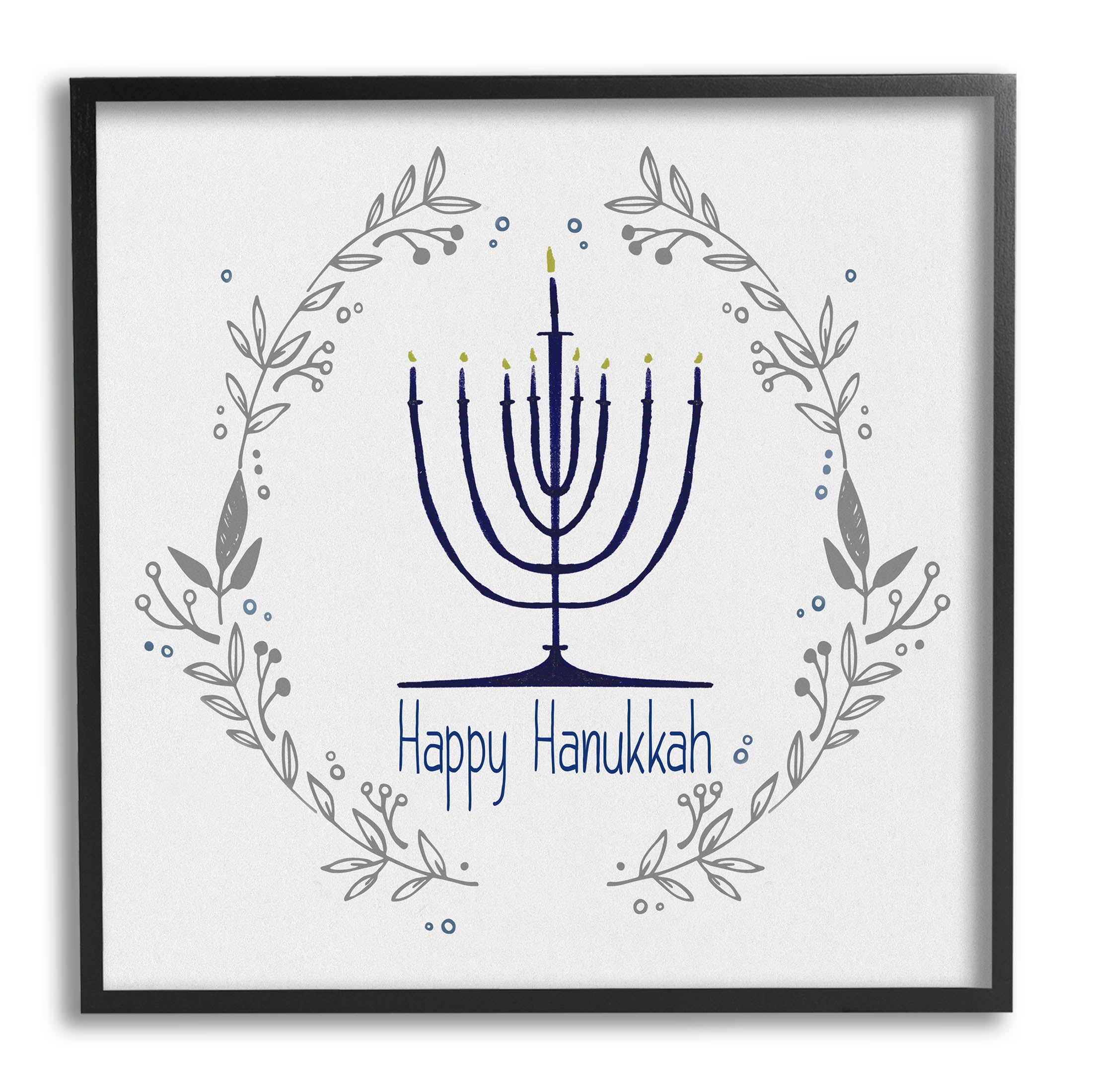 Stupell Industries Happy Hanukkah Botanical Wreath Graphic Art Black Framed Art Print Wall Art, Design by Susan Jill