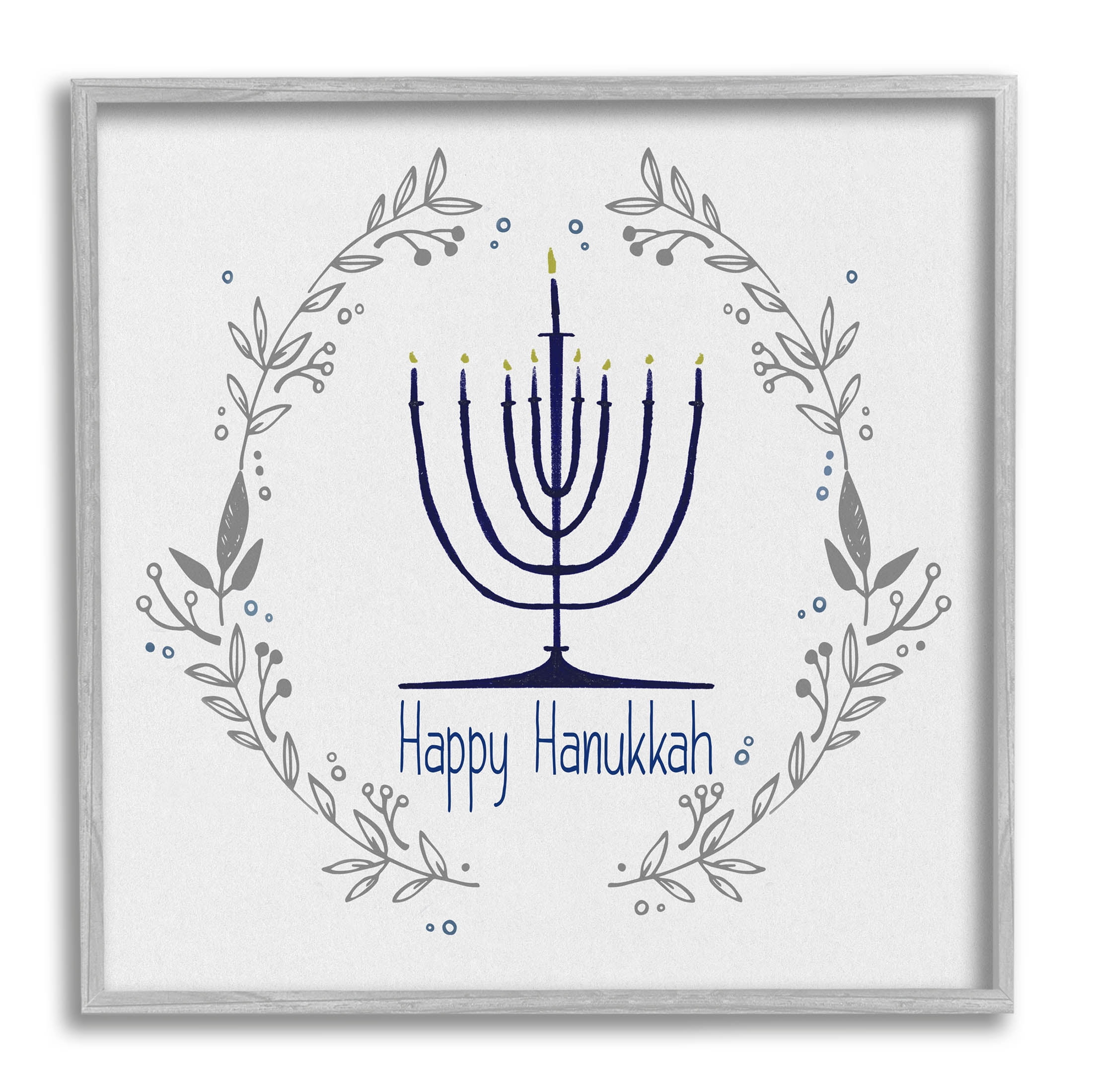 Stupell Industries Happy Hanukkah Botanical Wreath Graphic Art Gray Framed Art Print Wall Art, Design by Susan Jill