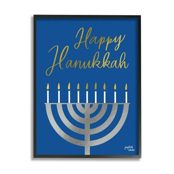 Stupell Industries Happy Hanukkah Calligraphy Radiant Lit Candles Menorah Graphic Art Black Framed Art Print Wall Art, Design by Jess Baskin