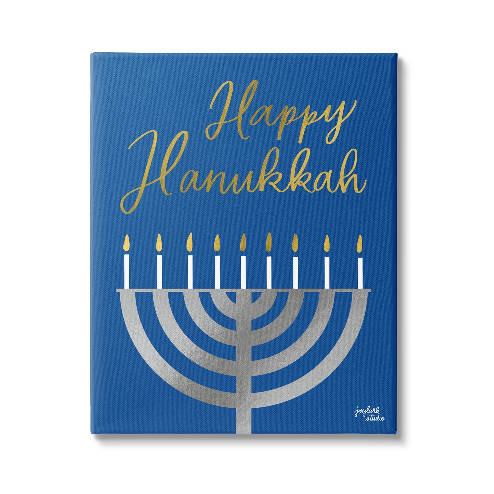 Stupell Industries Happy Hanukkah Calligraphy Radiant Lit Candles Menorah Graphic Art Gallery Wrapped Canvas Print Wall Art, Design by Jess Baskin