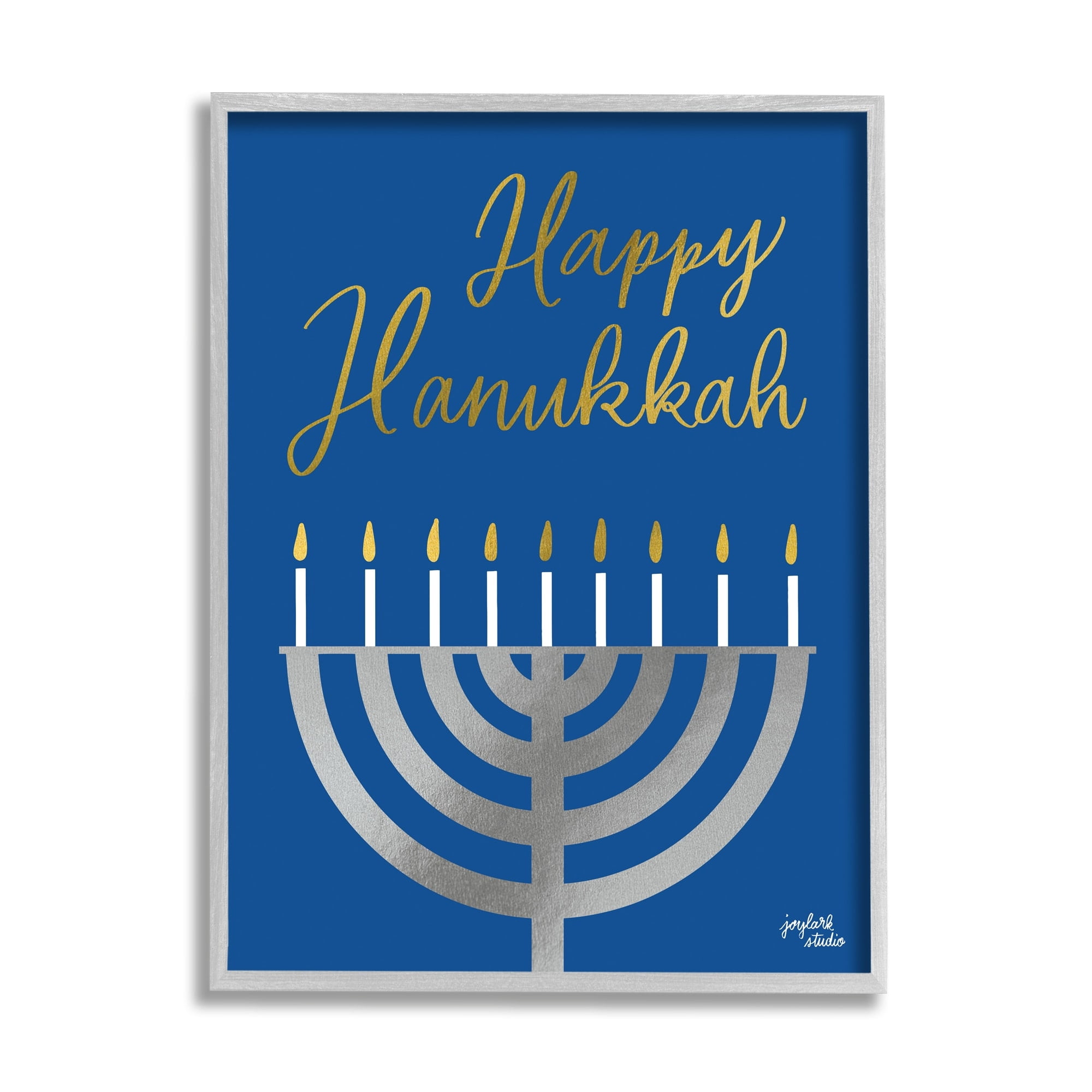 Stupell Industries Happy Hanukkah Calligraphy Radiant Lit Candles Menorah Graphic Art Gray Framed Art Print Wall Art, Design by Jess Baskin