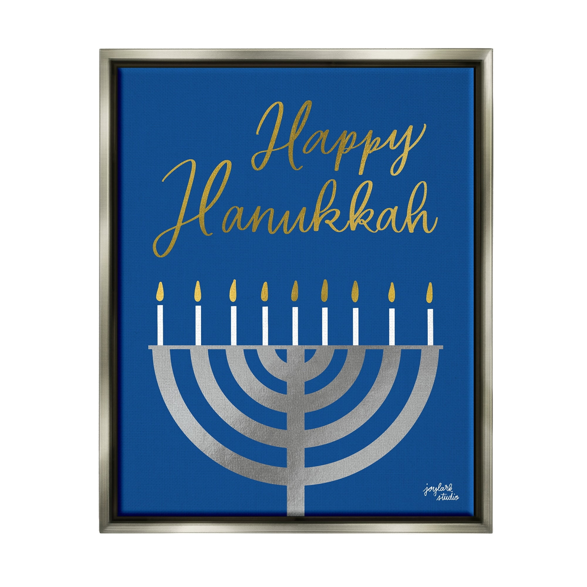 Stupell Industries Happy Hanukkah Calligraphy Radiant Lit Candles Menorah Graphic Art Luster Gray Floating Framed Canvas Print Wall Art, Design by Jess Baskin