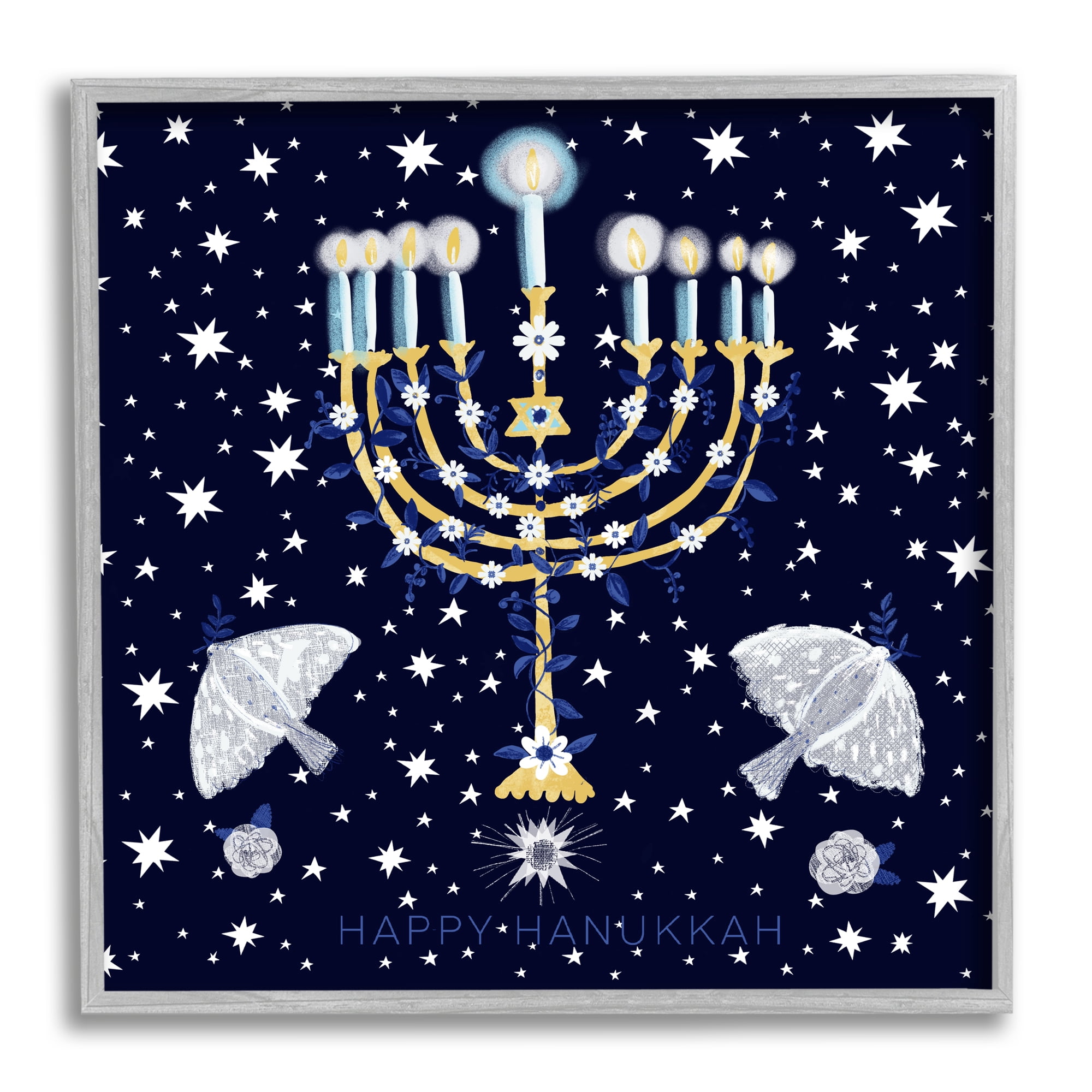 Stupell Industries Happy Hanukkah Starry Menorah Holiday Painting Gray Framed Art Print Wall Art