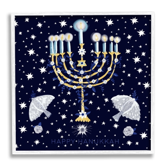 Stupell Industries Happy Hanukkah Starry Menorah Holiday Painting White Framed Art Print Wall Art